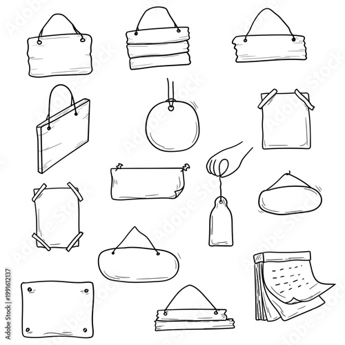 Wooden and paper signs and signs on a rope, hand-drawn sketch Vector illustration. A set of simple drawings of sheets of paper with adhesive tape and letterheads, isolated on a white background