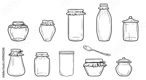 The jars and bottles are glass, the sketch is hand-drawn. Vector illustration. A set of glassware is insulated on a white background