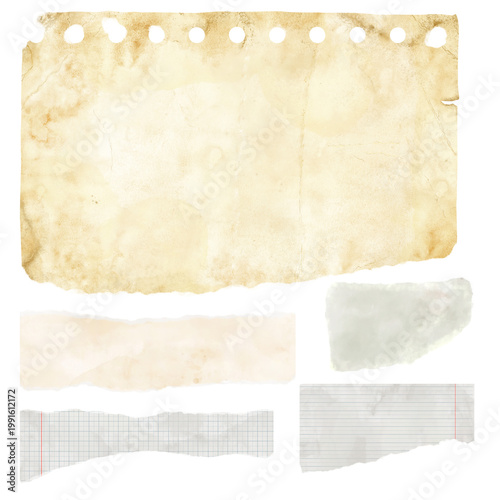 Torn paper, torn pages of a notebook or school notebooks, pens and paper clips. Watercolor illustration. A set of torn pieces of paper with crumpled and uneven edges, isolated on a background