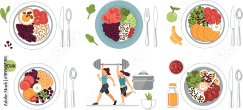 Healthy lifestyle concept with balanced meal plates vegan diet fitness workout and nutrition elements flat vector illustration set