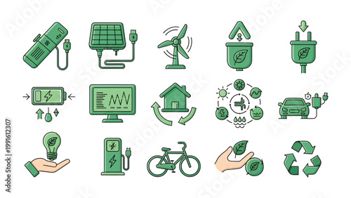 Eco-Friendly Icon Set: A vibrant collection of modern icons representing sustainable energy and environmentally conscious living.