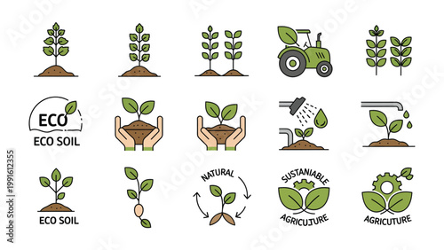 Eco Agriculture Icons: A collection of icons showcases the harmonious balance between nature and agriculture, featuring sprouting plants, sustainable practices.