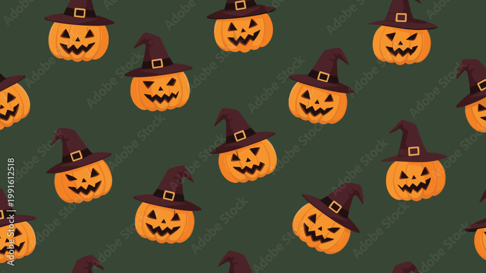 Fototapeta premium Halloween pattern of carved jack o lantern pumpkins wearing purple witch hats scattered on a dark green background for a spooky theme.