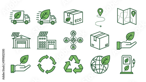 Eco-Friendly Icons: A collection of environmentally conscious icons representing sustainability concepts, perfect for conveying themes of ecology, conservation, and green practices.