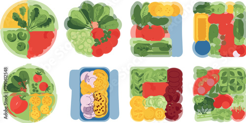 Healthy meal prep containers and balanced plates with vegetables fruits and portioned diet nutrition flat vector illustration set