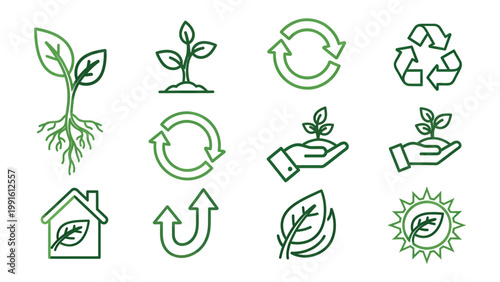 Green Ecology Symbols: A collection of meticulously crafted ecology icons, including recycle symbols, growing plant illustrations, and eco-friendly house.