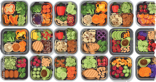 Healthy meal prep containers collection with vegetables protein grains and balanced diet lunch boxes flat vector illustration set