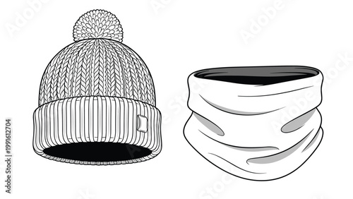 Black and white line art illustration of a cozy knitted winter hat with a pom-pom and a matching neck warmer or snood on white background.