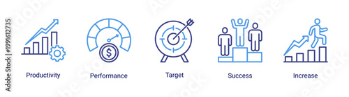 Kaizen productivity icon set featuring performance,target achievement,and growth concepts.Designed for business performance tracking,productivity improvement,and goal achievement visualization.