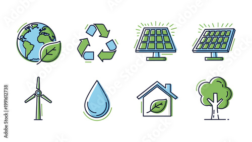 Green Energy Icons: A collection of vibrant icons symbolizing renewable energy sources, environmental protection, and sustainability.