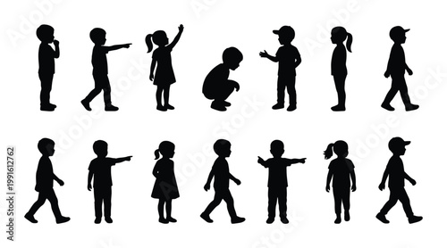 Children silhouettes collection, set of 14 black child vector icons, diverse kids standing and walking figures, young boys and girls in various poses