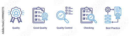 Kaizen quality icon set featuring quality control,inspection,and best practice concepts.Icon set focused on quality assurance,checking,and standardization processes for business and industrial use.