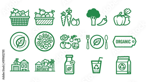 Iconic Organic Produce and Lifestyle: An array of artistic icons celebrates the essence of organic produce and sustainable lifestyle, symbolizing healthy eating habits and environmental awareness.