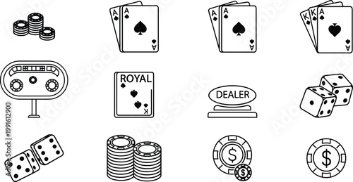 Black and white casino icons set cards dice chips and roulette elements for gambling games