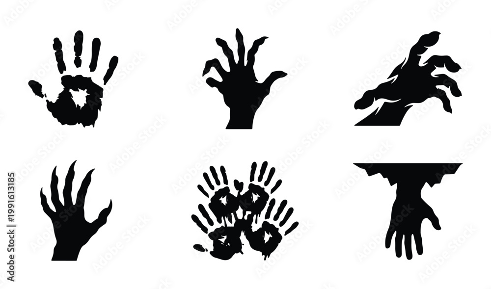 Obraz premium Creepy zombie hand silhouettes and bloody handprints, set of 6 horror monster hand vectors, black spooky undead hand icons for Halloween
