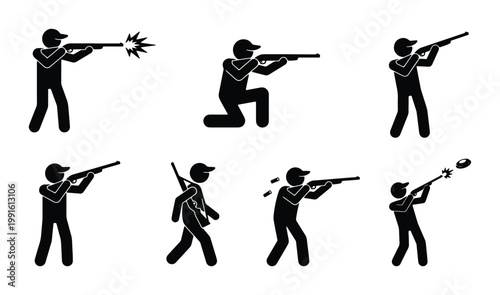 Foto Hunting and shooting stick figure icons, black hunter silhouettes with rifles an