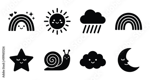 Kawaii weather icons set, cute black silhouette nature symbols with faces, 8 vector elements featuring sun rainbow cloud star snail and moon