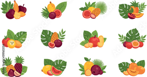 Tropical fruit compositions set with pineapple mango citrus berries and exotic leaves fresh healthy food flat vector illustration