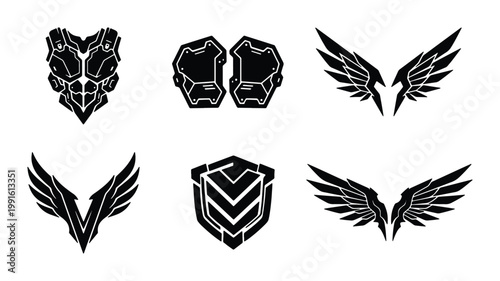 Φωτογραφία Futuristic cyberpunk armor and mechanical wings icons, set of 6 black techwear v