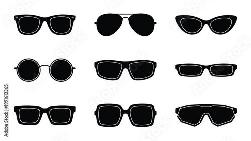Black sunglasses icons set, 9 vector eyewear silhouettes, stylish sun glasses collection including aviator and cat eye frames for summer fashion design