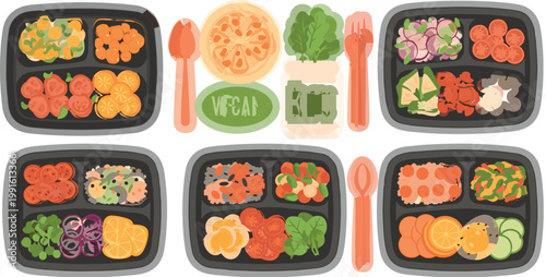 Vegan meal prep containers with healthy food portions vegetables fruits and balanced diet nutrition flat vector illustration set