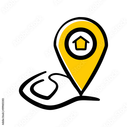 Hand drawn house icon on location pin, finding home, navigation, yellow and black sketch