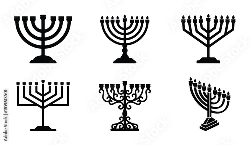 Tableau sur toile Hanukkah menorah icon set, black silhouette chanukiah collection with 6 vector e