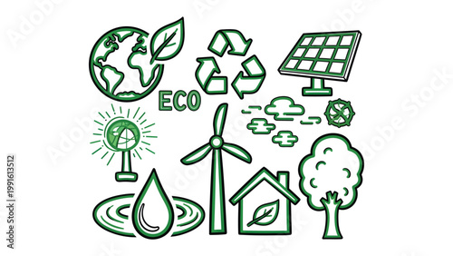Eco-Conscious Elements: A compilation of eco-friendly elements, with the earth, leaf, recycling symbol, solar panel, wind turbine, house, tree, water, fan and cloud and many other symbols.