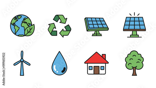 Eco-Friendly Icon Set: A collection of vibrant icons promoting environmental consciousness and sustainability, including solar panels, wind turbine, recycle symbol and water drop.