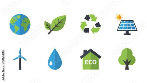 Eco-Friendly Icons: A vibrant collection of eco-friendly icons representing sustainability and environmental consciousness, promoting awareness and inspiring action for a greener future.
