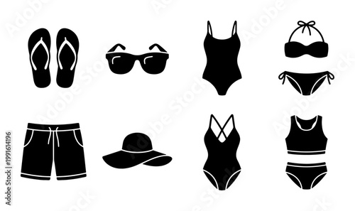 Summer beach wear icons set, black silhouette swimwear and vacation accessories, 8 vector elements including bikini, swimsuit, sunglasses and flip flops
