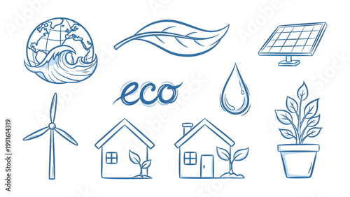 Eco-Friendly Icons: A collection of hand-drawn eco-friendly icons representing concepts such as renewable energy, environmental protection, and sustainability.