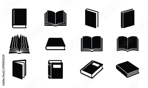 Minimalist book icon set, 12 black vector silhouettes of open and closed books, library and education symbols for web design and publishing
