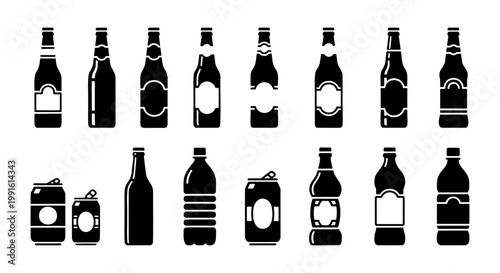 Black beverage bottle icons set, 15 drink container silhouettes, beer bottles and aluminum cans vector collection, liquid packaging symbols for bar menus