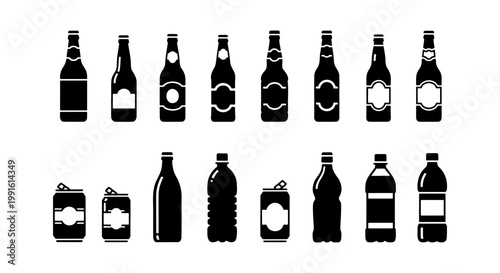 Black silhouette beer bottle and soda can icons, 16 beverage container vector set, minimalist glass bottle and aluminum can symbols for menu design