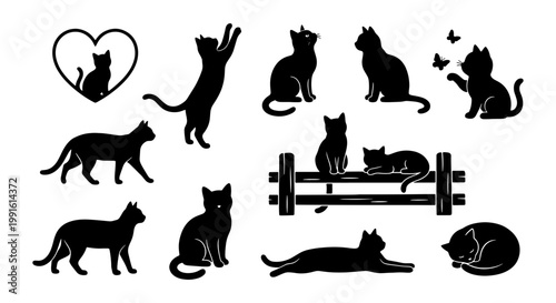 Black cat silhouettes collection, 12 feline vector elements in various poses, minimalist kitten icons for pet branding and animal lovers