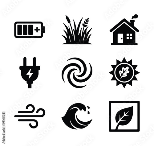 Renewable energy icons set, sustainable ecology vector symbols, green power and environmental conservation elements for clean technology branding