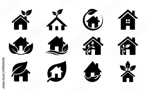 Eco friendly house icons set, green home logo collection with leaves, sustainable real estate vector symbols for organic living and environmental branding