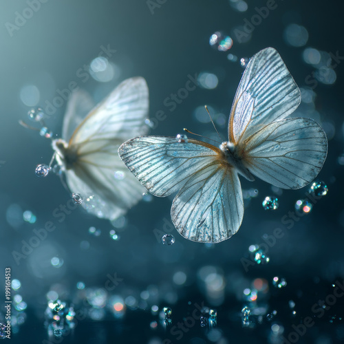 Two white butterflies fluttering in air surrounded by sparkling water droplets creating magical and delicate atmosphere in soft blue light
