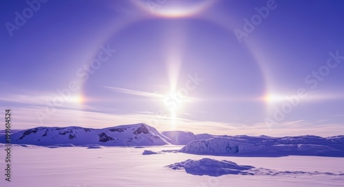 Snowy mountain landscape with solar halo in surreal purple sky