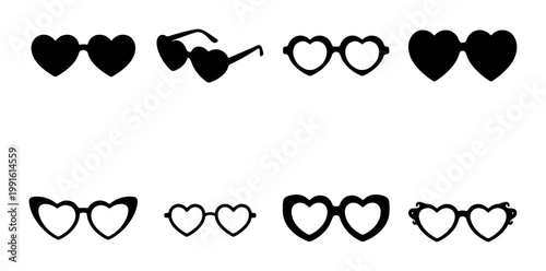 Heart shaped sunglasses vector icons set, black silhouette eyewear collection, romantic fashion glasses for summer and Valentine's Day designs