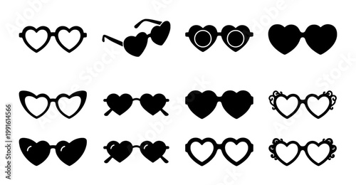 Heart shaped sunglasses icons set, black silhouette eyewear collection of 12 vector elements, romantic fashion glasses for summer and valentine design