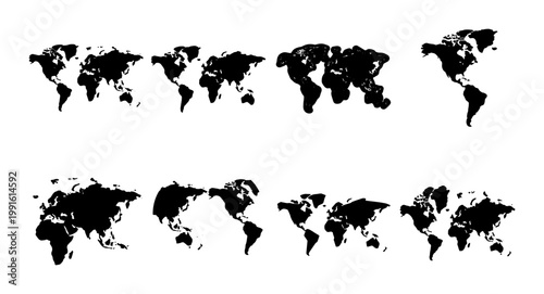 World map silhouette collection, 8 black earth icons in vector format, global geography shapes for travel and logistics infographics