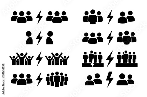 Conflict and competition icon set, group confrontation and business rivalry symbols, versus battle lightning bolt vector elements for team dispute