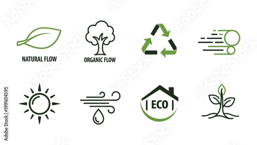 Eco-Friendly Symbols: A collection of minimalist, eco-friendly icons representing concepts such as sustainability, and natural elements, showcasing a commitment to environmental responsibility.