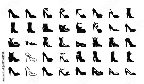 Foto Women shoes silhouette collection, 40 fashion footwear icons set, black high hee