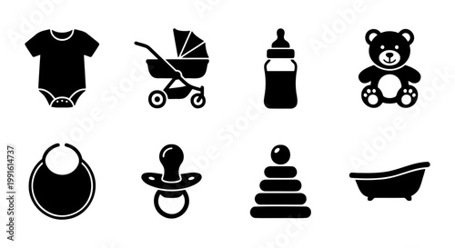 Minimalist baby icons set, black silhouette nursery symbols, collection of 8 infant care vector elements for parenting apps and shower invitations