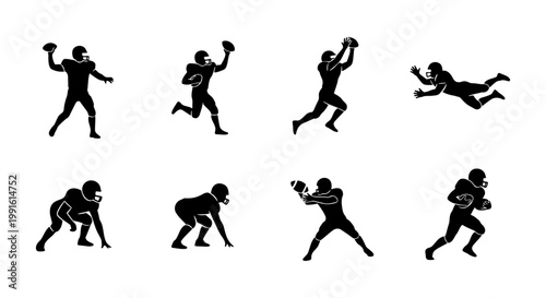 American football player silhouettes set, 8 athlete action poses in black vector icons, professional football sports figures for logo design and team branding
