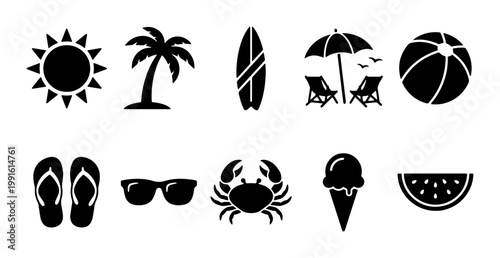 Summer beach icon set with 10 black silhouettes, tropical vacation symbols including palm tree and sun, seasonal holiday vector elements for travel design