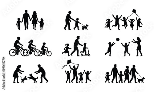 Family silhouette collection, active parents and children playing outdoors, set of 9 black vector icons of people walking dogs and riding bikes